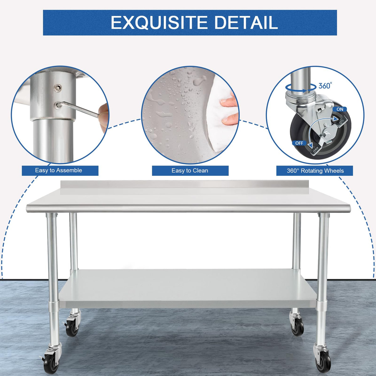 HARDURA Stainless Steel Table 24 x 60 Inches with Wheels Casters NSF Heavy Duty Commercial Prep Table with 2” Backsplash and Adjustable Undershelf for Restaurant Kitchen Home and Hotel