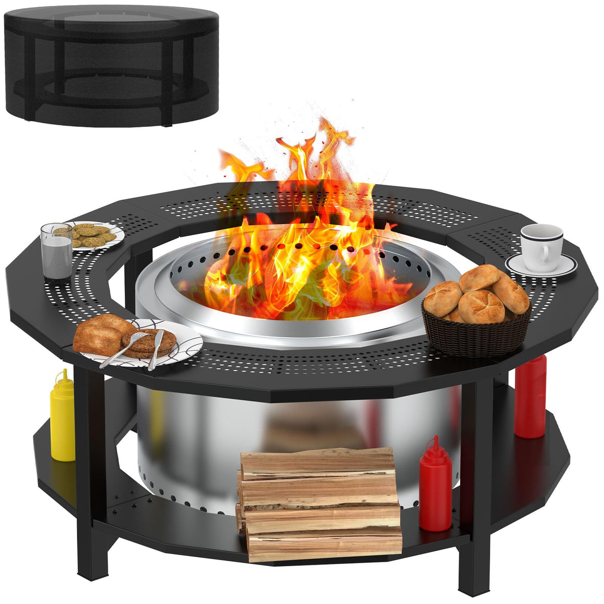 Fire Pit Surround Tabletop for Solo Stove Yukon, Bonfire, Tiki, Outdoor Smokeless Fire Pit Table for Wood Burning Fire Pits, Powder-Coated Steel Stove Table Surround with Cover for Solo Stove