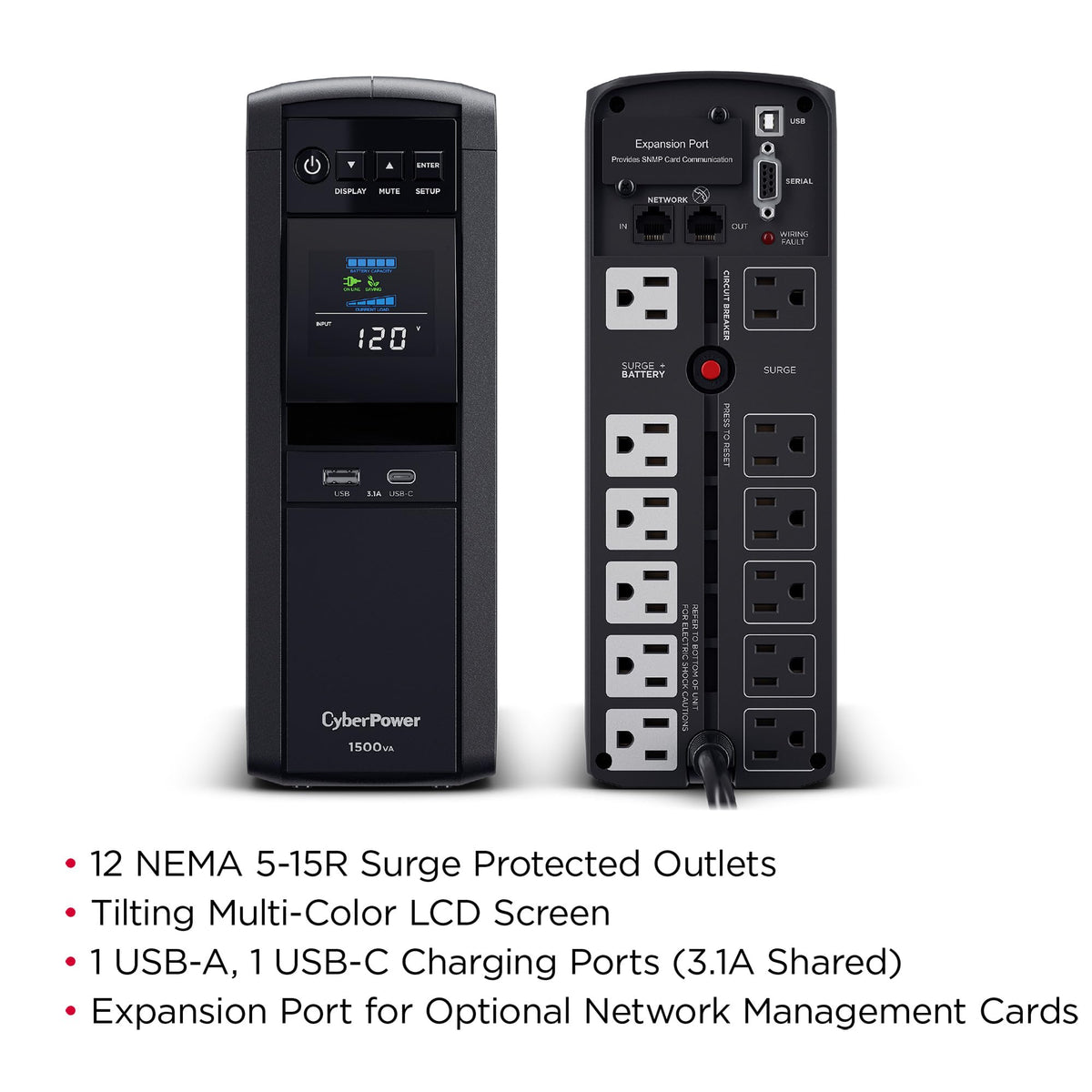 CyberPower CP1500PFCLCDTAA PFC Sinewave UPS System, 1500VA/1000W, 12 Outlets, AVR, Mini Tower, TAA Certified, Black