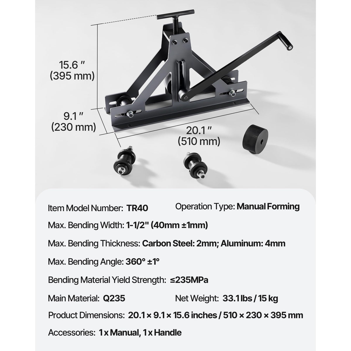 Mophorn 1-1/2" Tubing Rolling Bender Manual Square & Rectangular Tube Bender 14 Gauge Roller Tubing Roller Flat Bar Bender For Mild Steel Cooper & Aluminum