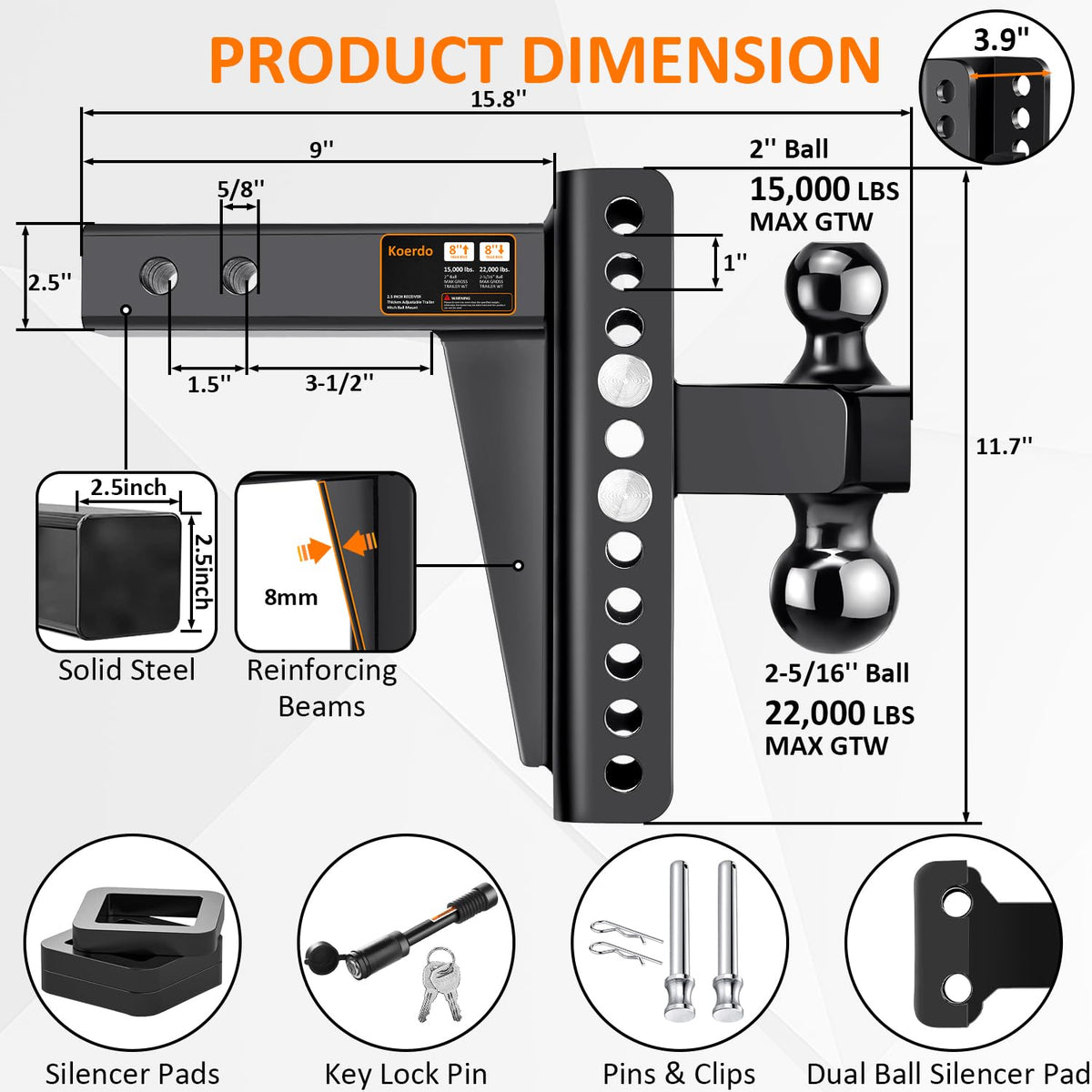 Adjustable Trailer Hitch -Drop Hitch-Tow Hitch FITS 2.5 inch Receiver-8inch Drop/Rise, 2" & 2-5/16" Ball Hitches for Trucks, 22,000 LBS GTW, Trailer Hitches with Anti-Theft Pin, Black
