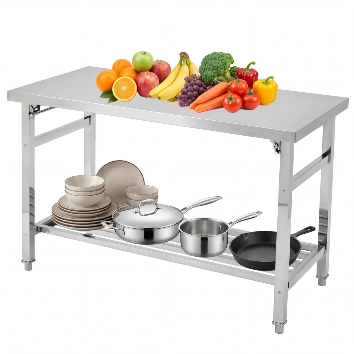 Garvee 48" x 24" Stainless Steel Folding Prep Table, Heavy Duty Commercial Work Table with Adjustable Undershelf for Restaurant, Kitchen, Food Service, Space-Saving, No Installation Required