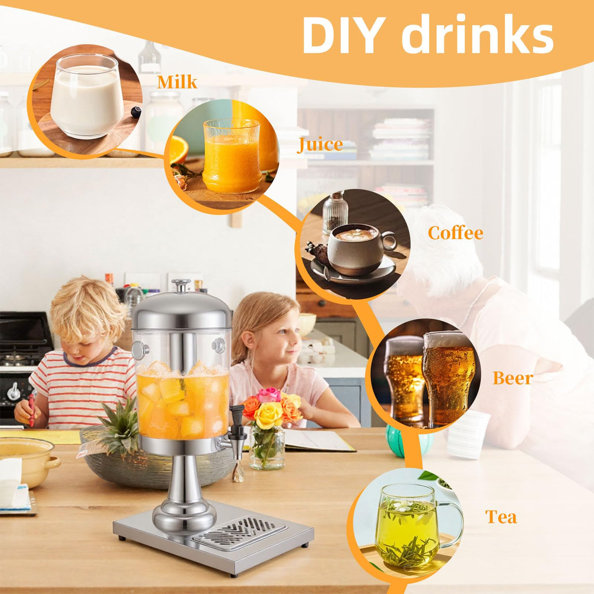 2.11Gallon Commercial Beverage Dispenser with Centre Ice Core and Stand Drip Trays Stainless Steel Cold Drink Dispenser for Parties Pub Cafeteria Restaurant Home Hotel (silver, Three Head)