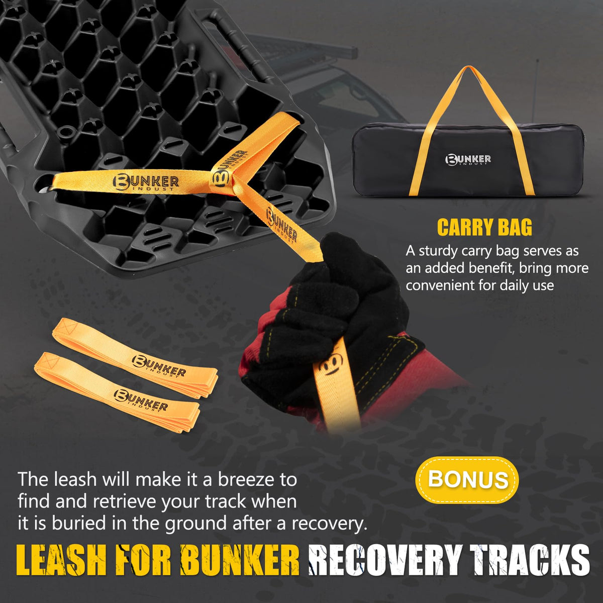 BUNKER INDUST Off-road Traction Boards with Jack Base,Pair Recovery Track 4X4 Jeep Truck Emergency Tire Traction Mat with Bag -Sand, Mud, Snow Tracks Black Traction Pad (Gen 7th)