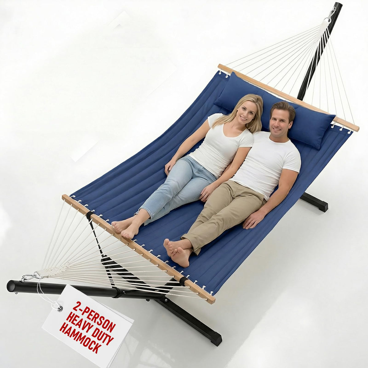 FULIYE Double Hammock with Stand for Outdoor，2 Person Heavy Duty Portable Hammock with Adjustable Steel Stand and Balance Ropes Included – for Patio, Backyard, Garden, Beach (Purplish Blue)