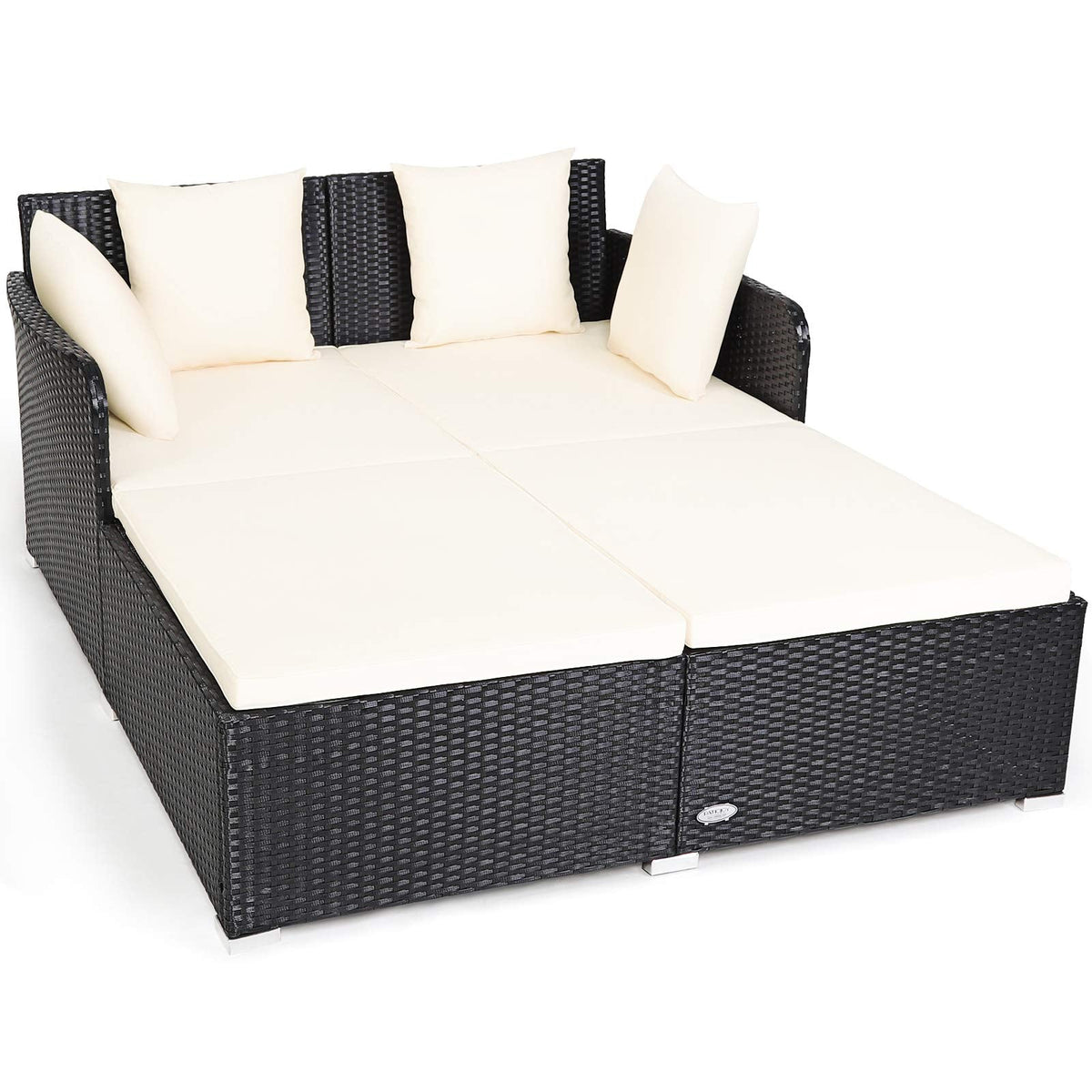 COSTWAY Outdoor Patio Rattan Daybed, Sponge Cushioned Loveseat Sofa with 4 Pillows, Wicker Furniture Sunbed for Balcony, Courtyard (Beige)
