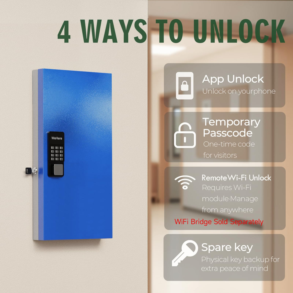 WeHere 48-Key Smart Key Lock Box Wall-Mount, Key Cabinet with Key Management App(Track Key Borrow/Return), Keypad, Bluetooth & WiFi Unlock (Sold Separately) for Commercial, School, Rental, Office
