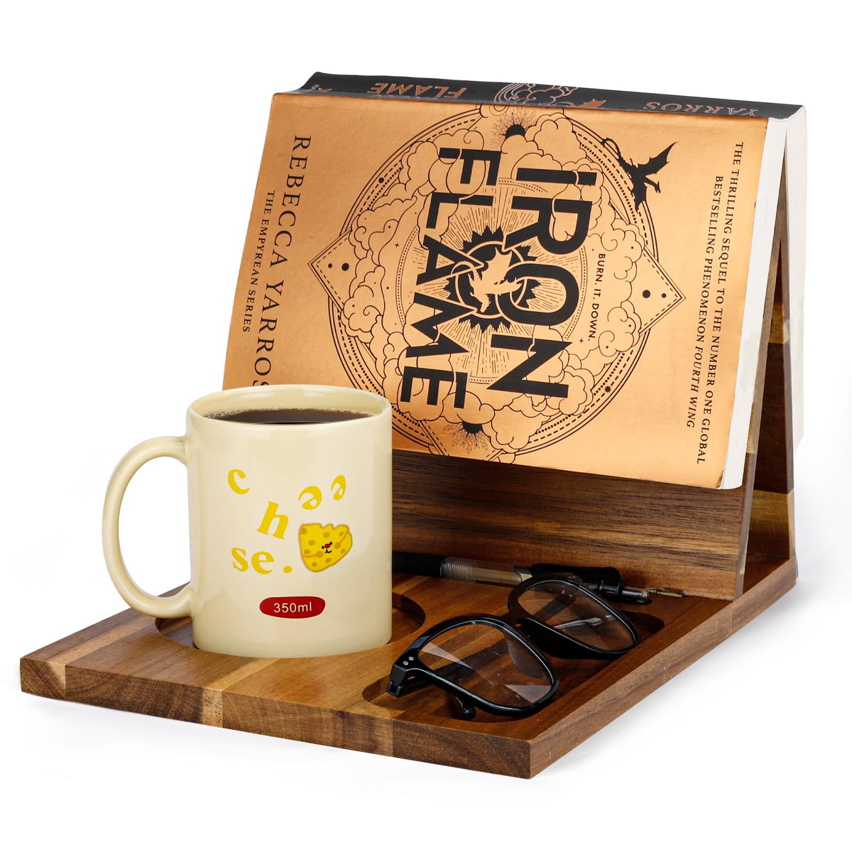 3HQ Wooden Book Stand for Reading Rest, Acacia Triangle Book Holder with Cup, Glasses, Pen & Phone Holder, Book Nook Reading Valet for Book Lover Gifts