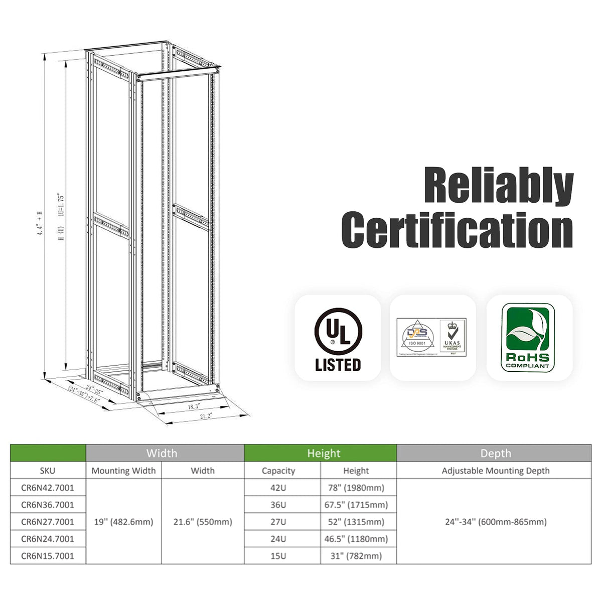 Raising Electronics Server Rack 4 Post Open Rack Frame Rack Enclosure 19 Inch Adjustable Depth Cold Rolled Steel（15U,36 Inch Height）