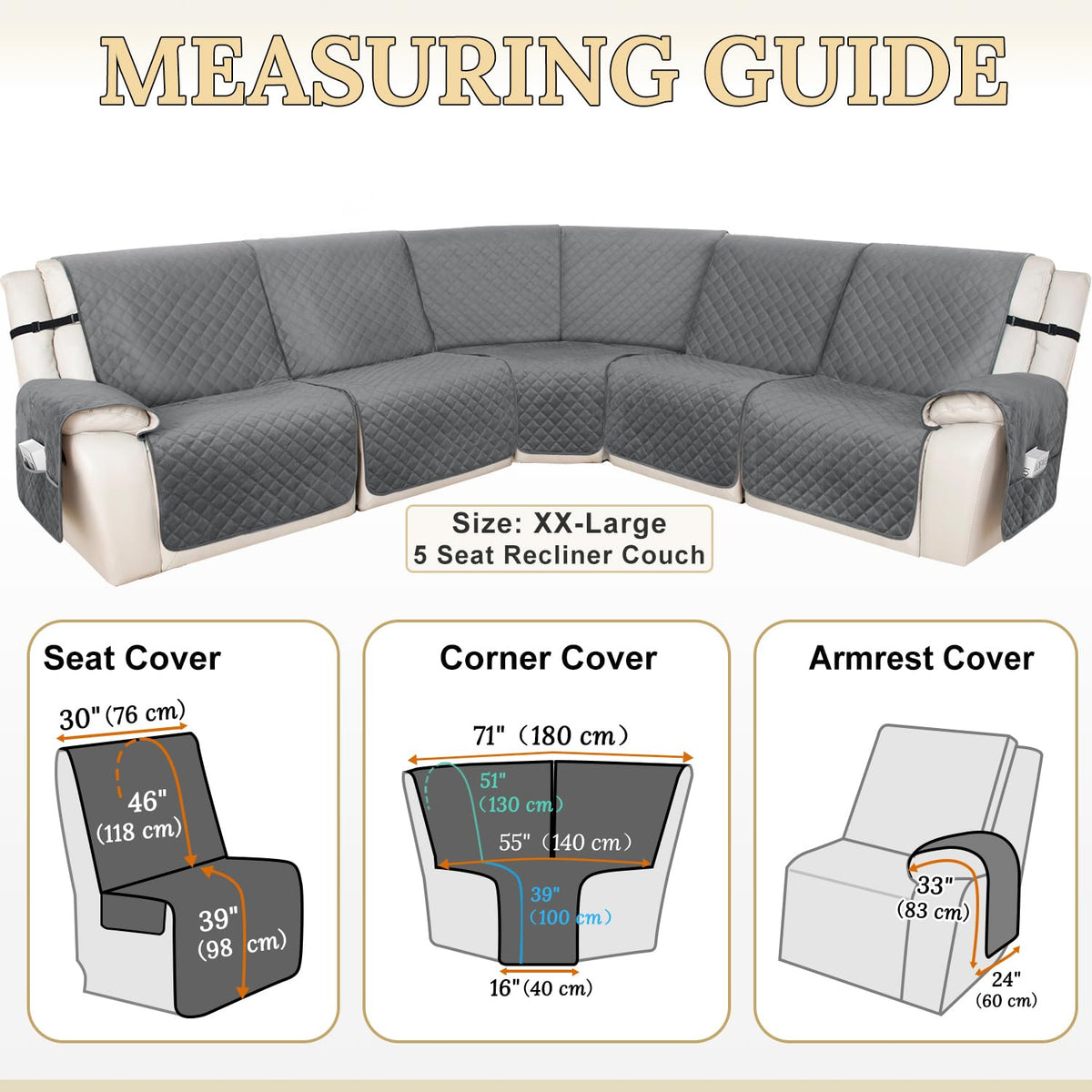 HDCAXKJ 100% Waterproof Recliner Sectional Couch Covers XX-Large L Shaped Corner Reclining Sofa Cover Washable Thick Non Slip Sectional Slipcover with Pockets (XXL 5 Seat Recliner Couch, Grey)