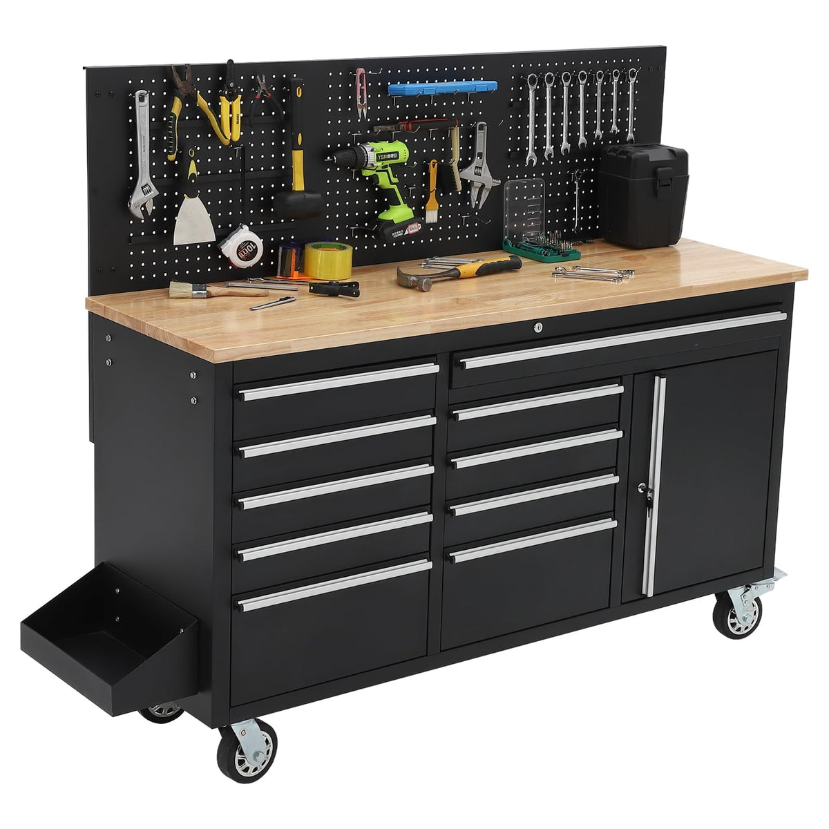 61" Rolling Tool Chest Workbench with 10-Drawers & Solid Rubber Wood Top, Mobile Heavy Duty Tool Storage Cabinet with Lock, Casters, Drawer Liner & 1675 LBS Load Capacity, Includes Power Strip