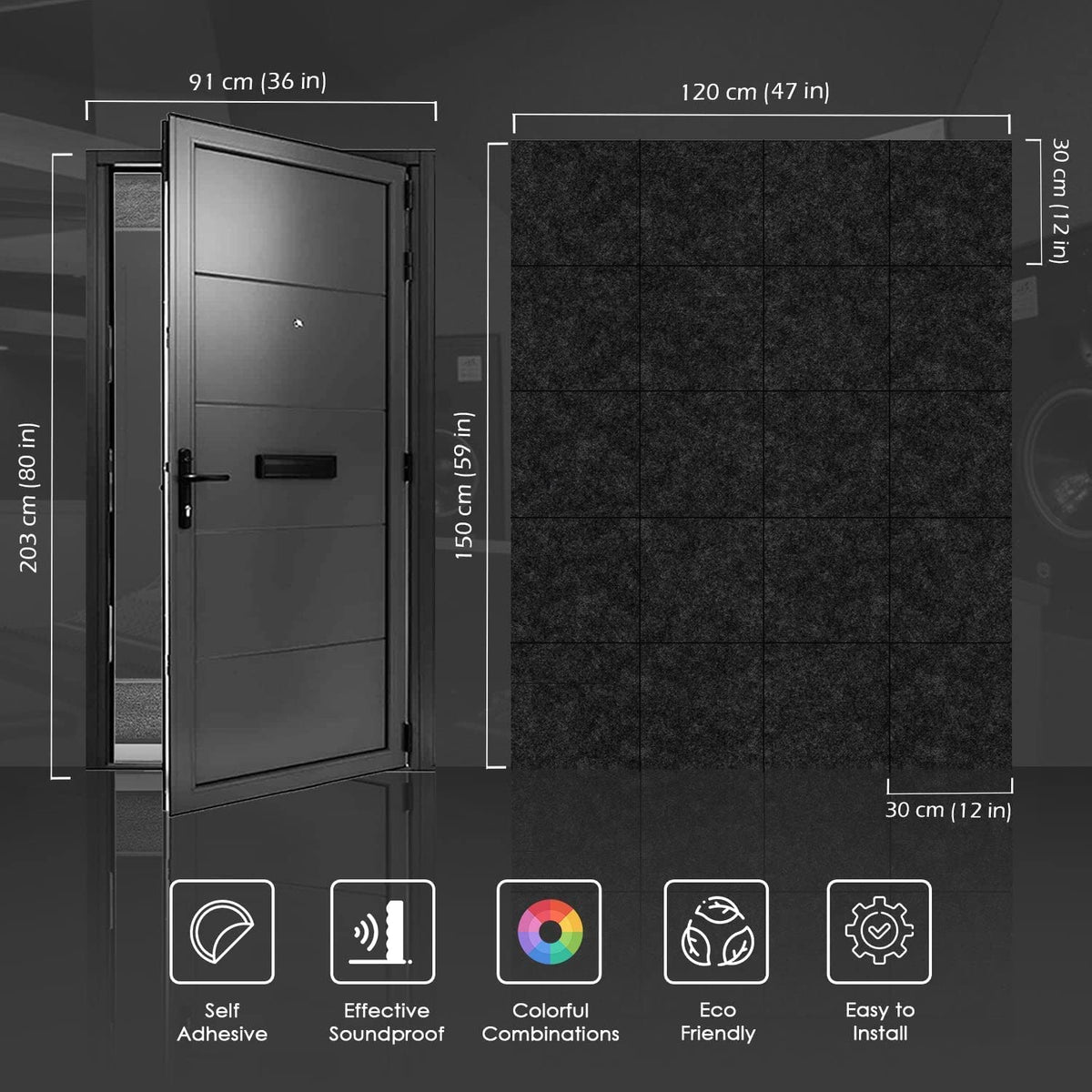 Arrowzoom Soundproof Door Kit PRO - 20pcs Black, High-Density Foam, Self-Adhesive, Sound Absorbing Panels 40dB Noise Reduction, 12x12x0.78in Sound Proof Panels for Door 1244
