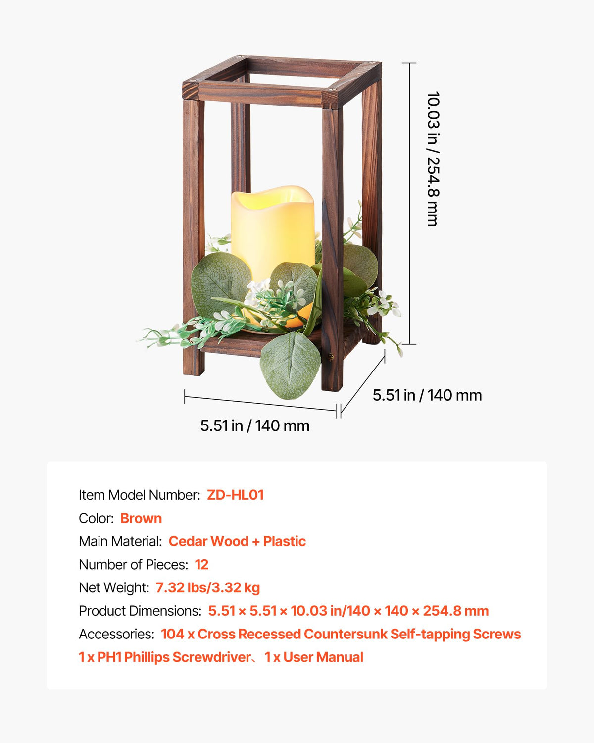 VEVOR 12 Set/36 Pcs Wooden Wedding Lantern Centerpiece, Includes 12 Wooden Lantern Candle Holder 12 Flameless LED Candle 12 Eucalyptus Leaves Wreath for Wedding Table Party Farmhouse Decor, Brown