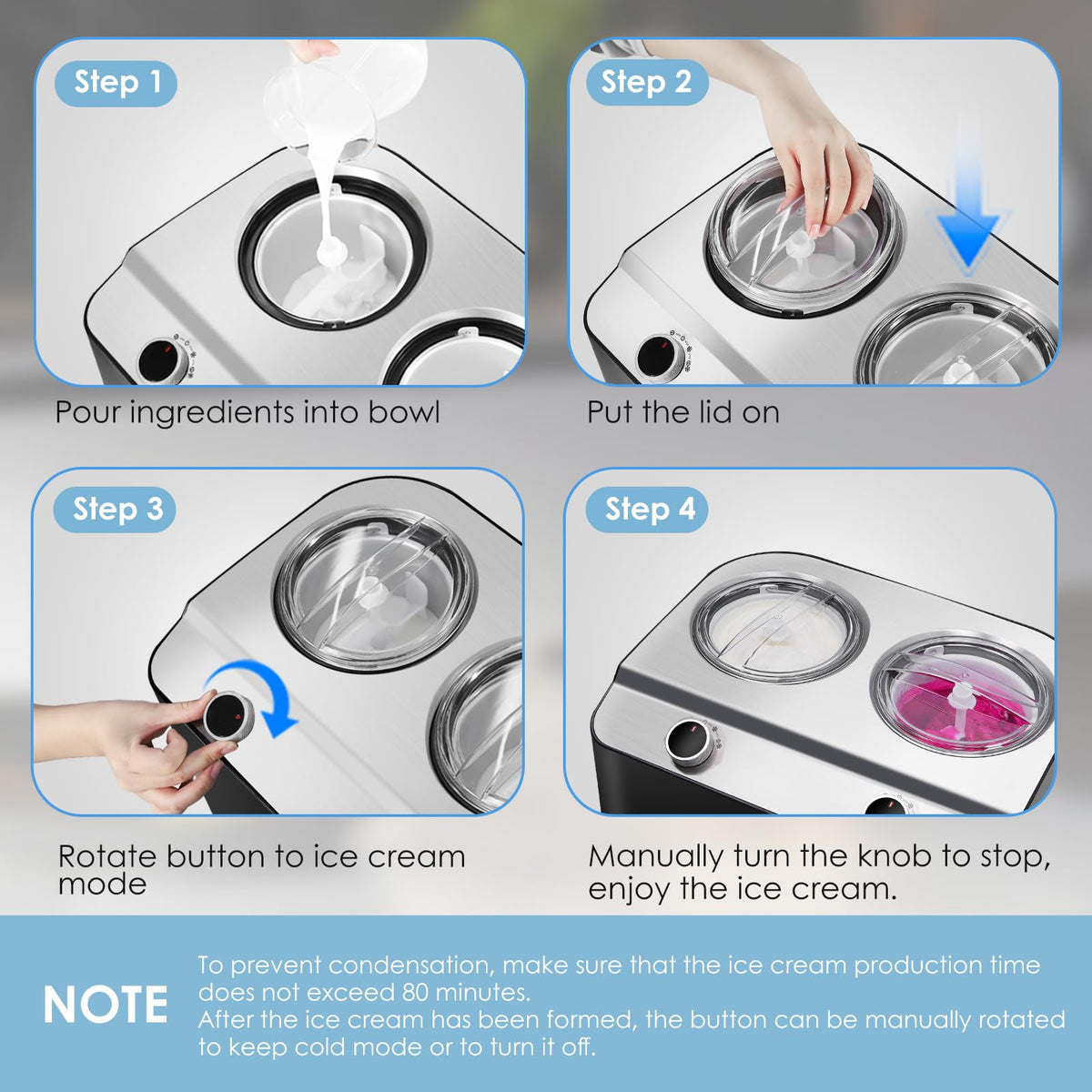 Homtone 2 Flavor Ice Cream Maker,Automatic Compressor Ice Cream Maker Machine with 2 Bowls,2.6QT (2 x 1.3qt) Largest Capacity & Fastest Freezing Ice Cream Machine, 3 Modes, Keep Cool Function