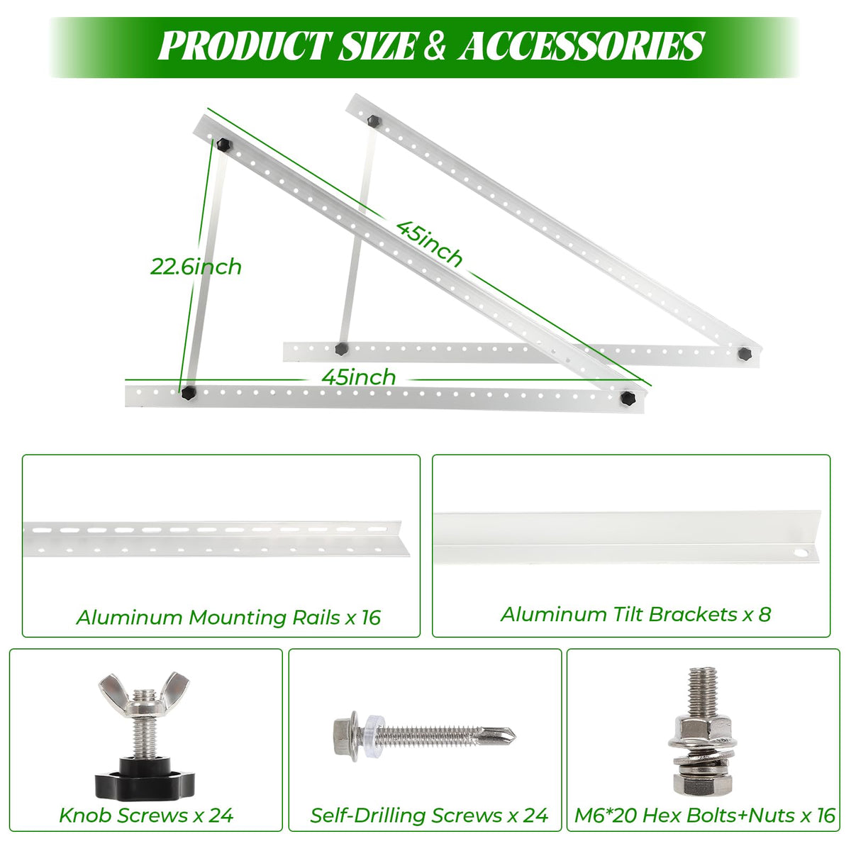 45inch Solar Panel Mounting Brackets, 4 Sets Solar Panel Mounting Kit for 100-400 Watts Solar Panel, 0 to 90° Adjustable Solar Panel Mounting Rails, Lightweight Aluminum Solar Panel Stand