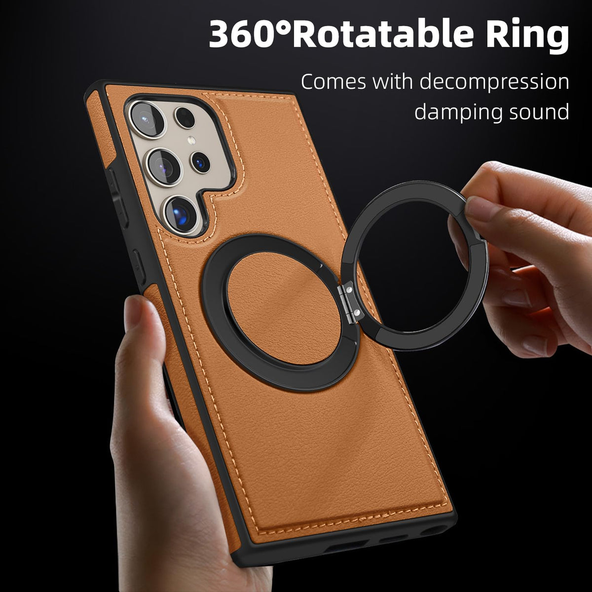 Newhalper Magnetic PU Leather Case Fit for Samsung Galaxy S24 Ultra [Compatible with MagSafe][360-Degree Rotatable Ring Stand & Kickstand] Phone Cover for Samsung S24 Ultra (Brown)
