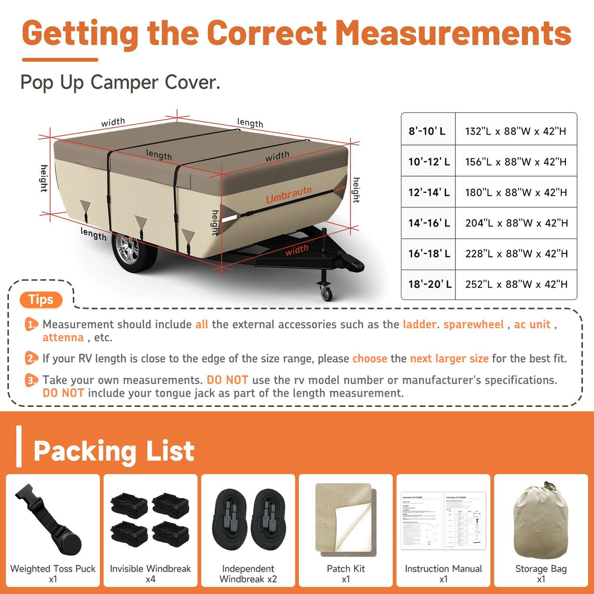 Umbrauto Pop Up Camper Cover for 12'-14' Folding Tent Trailer – 9-Layer Top, 3-Layer Side, Waterproof, Windproof, Sun-Resistant, Heavy-Duty Cover for All-Weather Protection