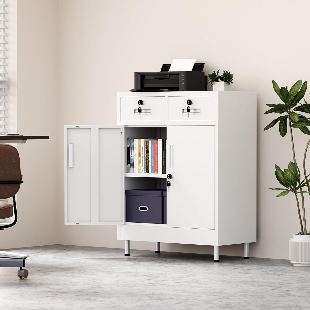 JINGUR Metal Storage Cabinet with Locking Doors and 2 Drawers, Lockable Storage Cabinet with Adjustable Shelf for Home Office Garage Entryway Pantry (White)
