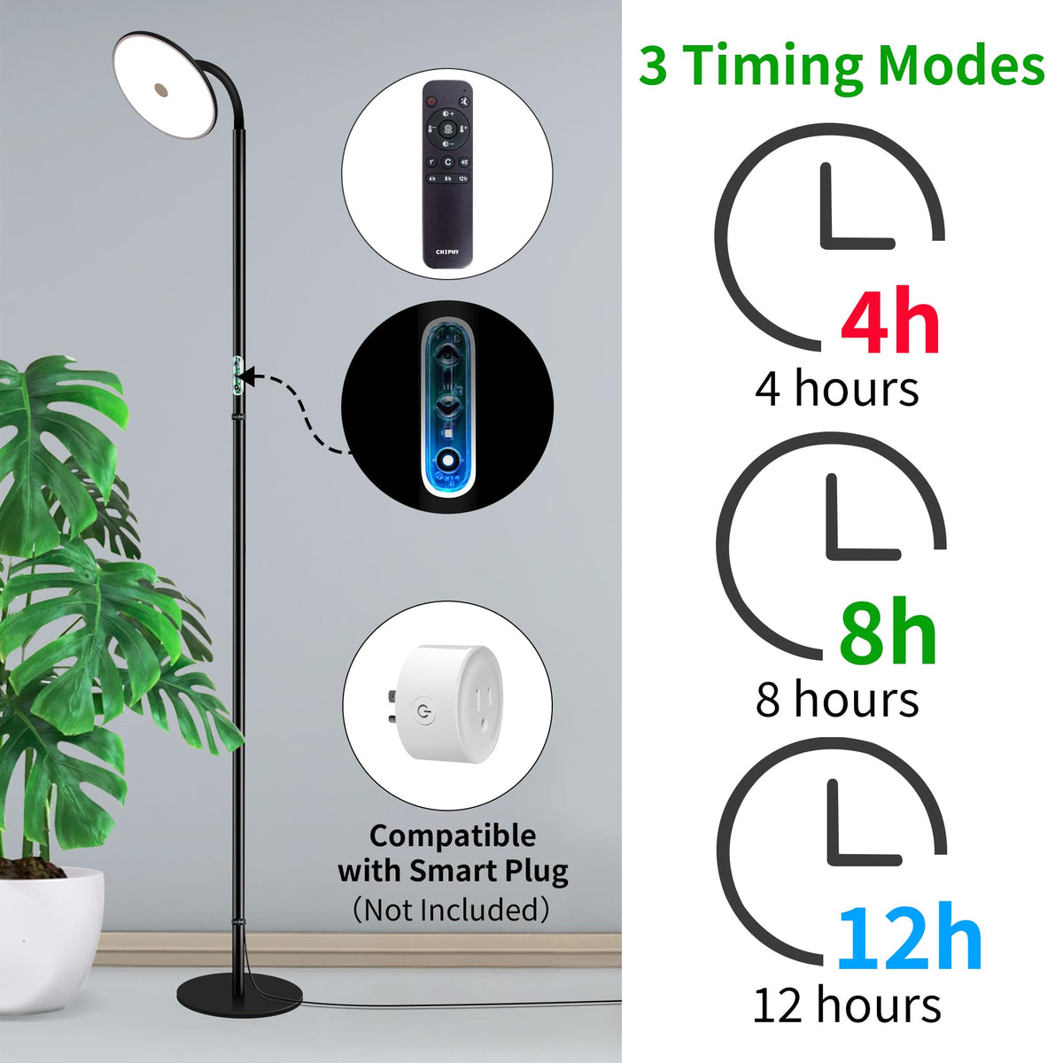 chiphy Grow Lamp, 60W Full Spectrum Grow Lights for Indoor Plants, 4/8/12H Timer, 2300K-6500K, 10 Dimmable Brigntness, 76'' Height Adjustable, Remote Control, Ideal for Tall Large Plants