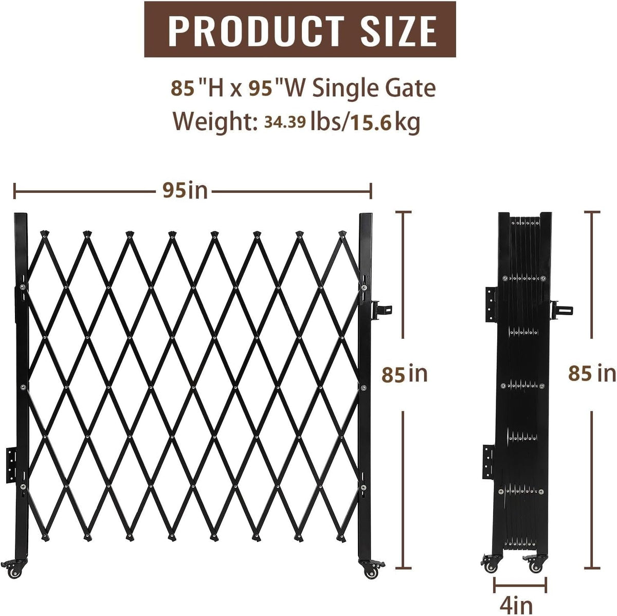Garvee 85" H x 95" W Single Folding Security Gate, Steel Expandable Fence with 360° Rolling Wheels for Courtyard, Garage, and Garden Access Control