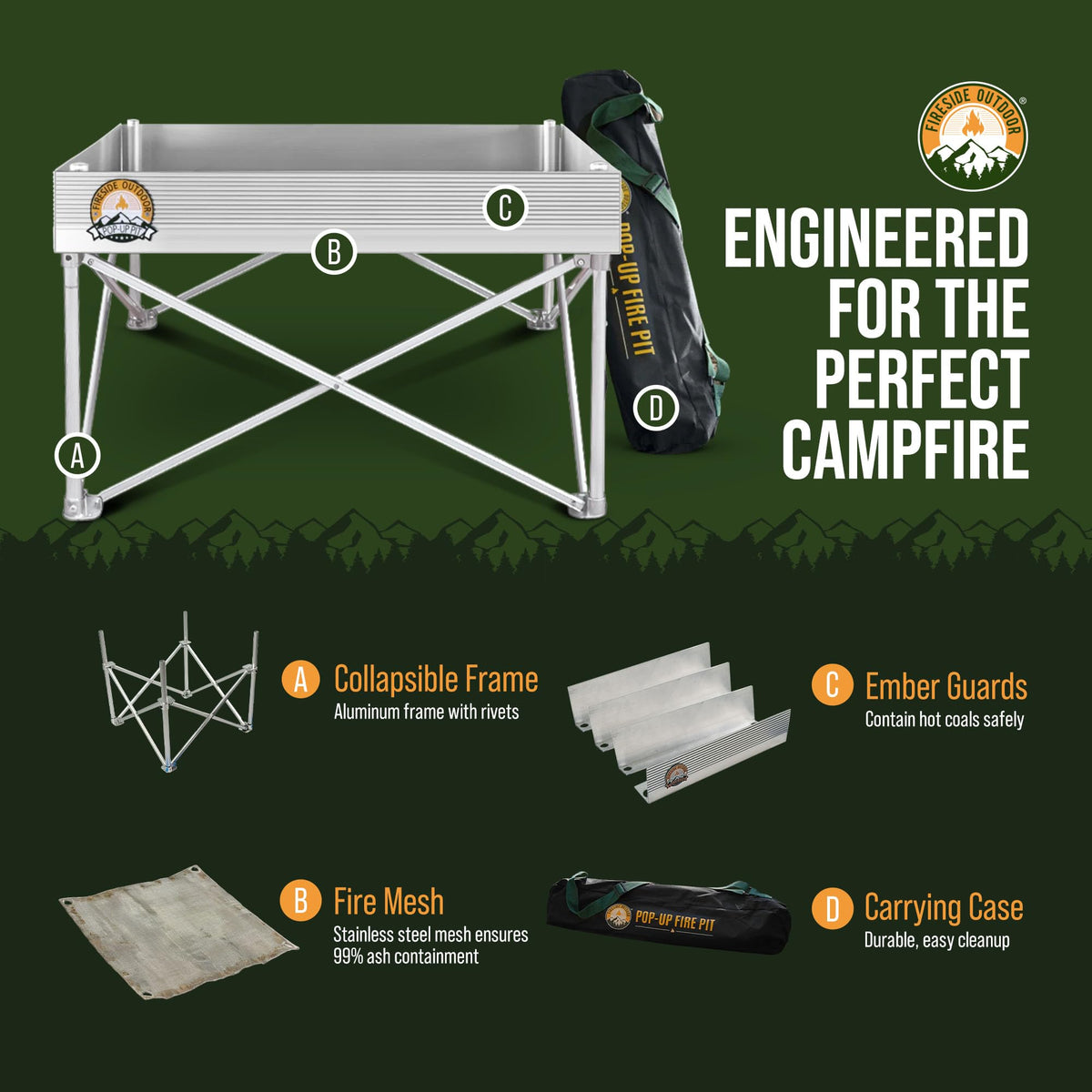 Fireside Outdoor Portable Fire Pit for Camping Fire Pit 24 Inch - Collapsible Pop Up Firepits for Outside, Portable Campfire Pits, Small Firepit for Outside, Weighs 7 lbs, Heat Shield NOT Included