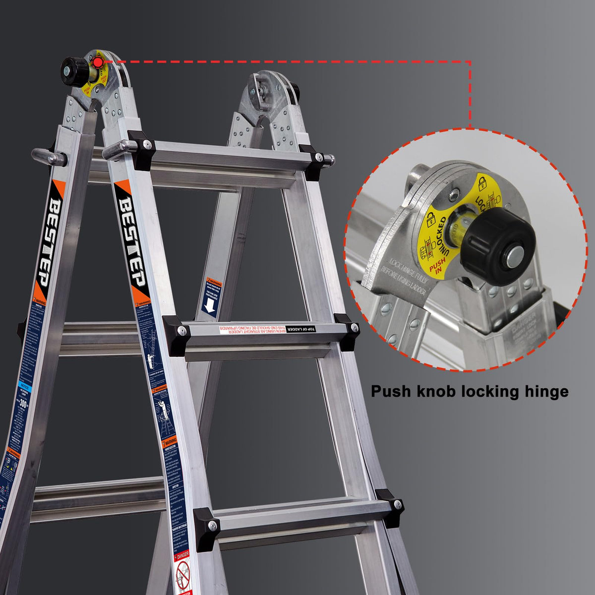 BESTEP 15FT Adjustable Folding Multi-Position Ladder,A Frame 4-Step Anti-Slip Ladder with Aluminum Joint,Silver,ANSI Type 1A, 300 lbs Load Capacity,Welding Construction (YQGNT-4540)