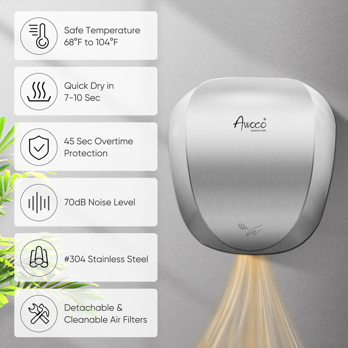 Awoco Heavy Duty Stainless Steel 1450W 120V Automatic High Speed Commercial Hand Dryer, UL Listed (Standard)