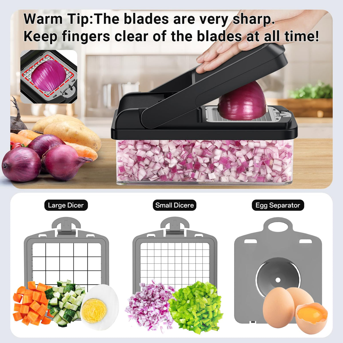 SpaceHacks 12-in-1 Vegetable Chopper, Kitchen Gadgets with 7 Blades, Veggie, Food, Onion Chopper, Cucumber Slicer, Versatile Mandoline, Includes Egg Separator & Finger Guard, Gray