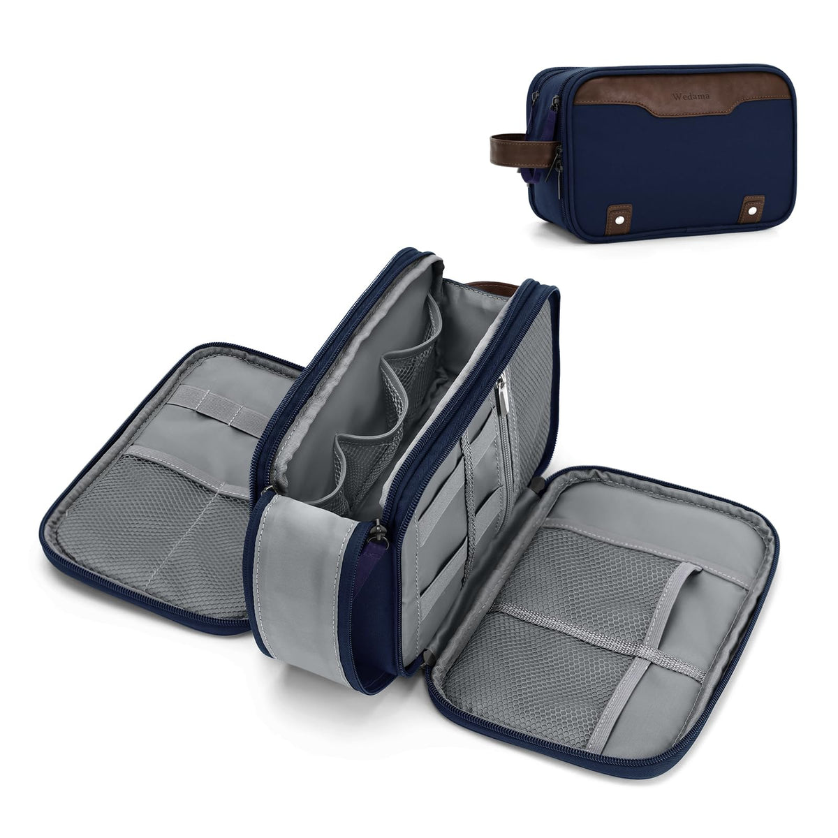 Wedama Toiletry Bag for Men, Medium Hanging Travel Toiletry Bag, Extra Electronic Organizer Bag Waterproof Shaving Bag for Toiletries with PU Handle for Travel Business Trips Swim Camping, Blue
