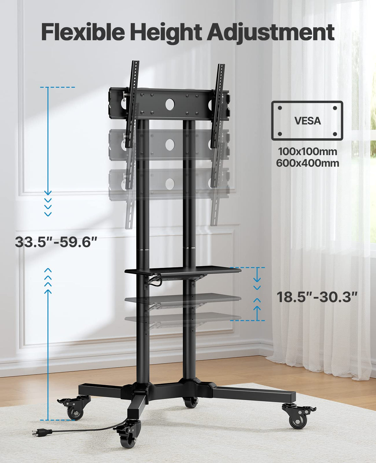 HUANUO Rolling TV Stand with Power Outlet, Mobile TV Cart for 32-85 Inch Flat/Curved TVs, Tilt & Height-Adjustable TV Cart on Wheels Holds 132 lbs, Max VESA 600x400mm HNTVMC01