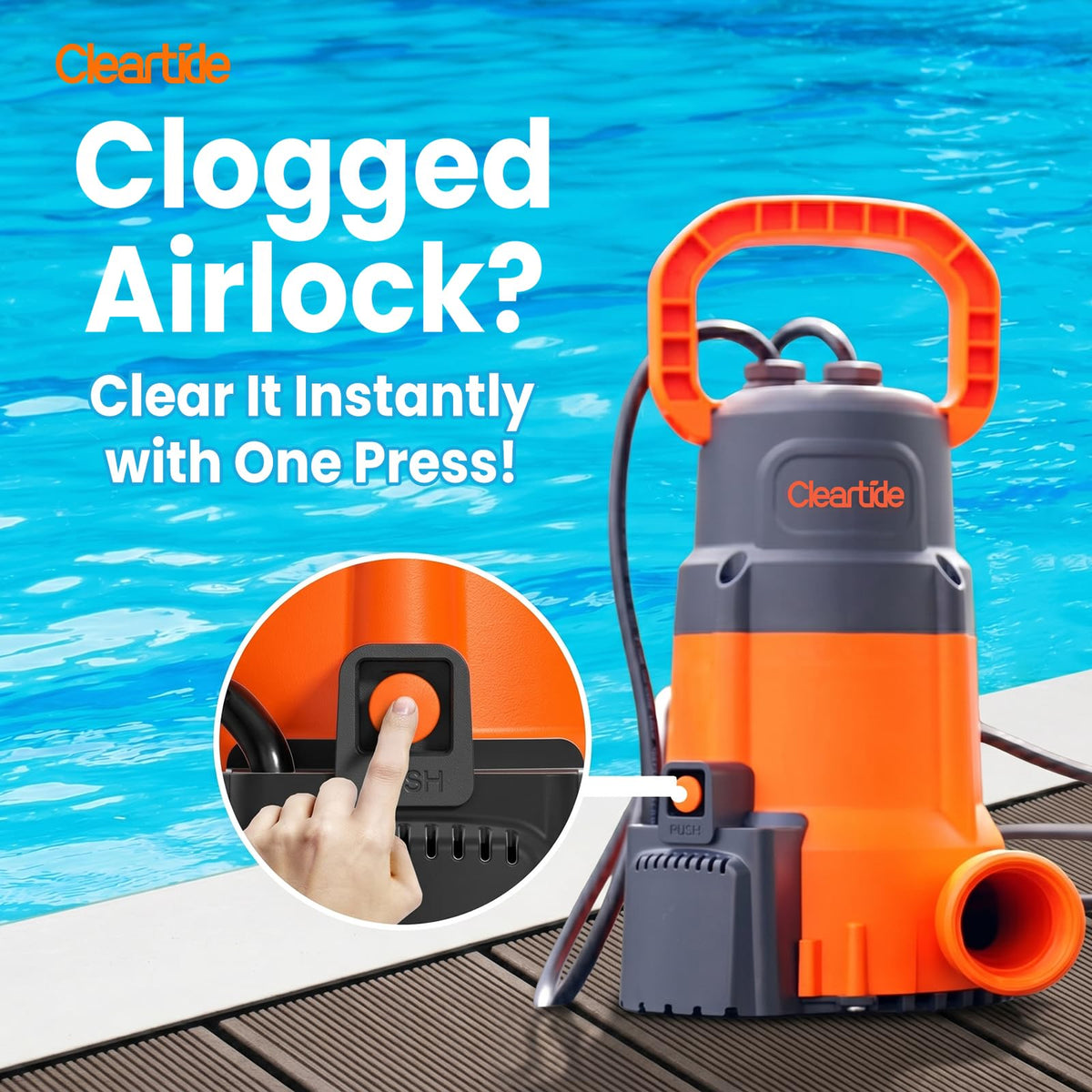 Cleartide 1/3 HP Submersible Utility Pump, 2790 GPH High Flow, Portable Sump Pump with Auto Water Sensor, Ideal for Flooded Basement & Yard, Hot Tub, Pond and Garden Draining