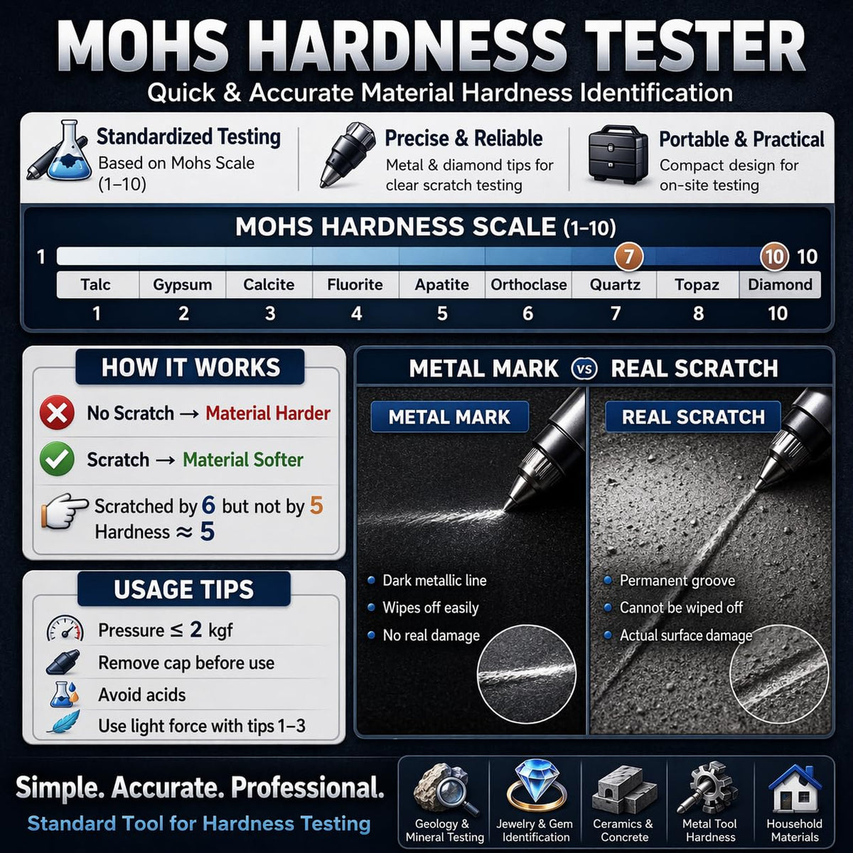 Hardness Test Kit from 1-10 Scratch Tester for Industrial and Gemstone and Mineral, Identification Tool for Jewelry and Rocks