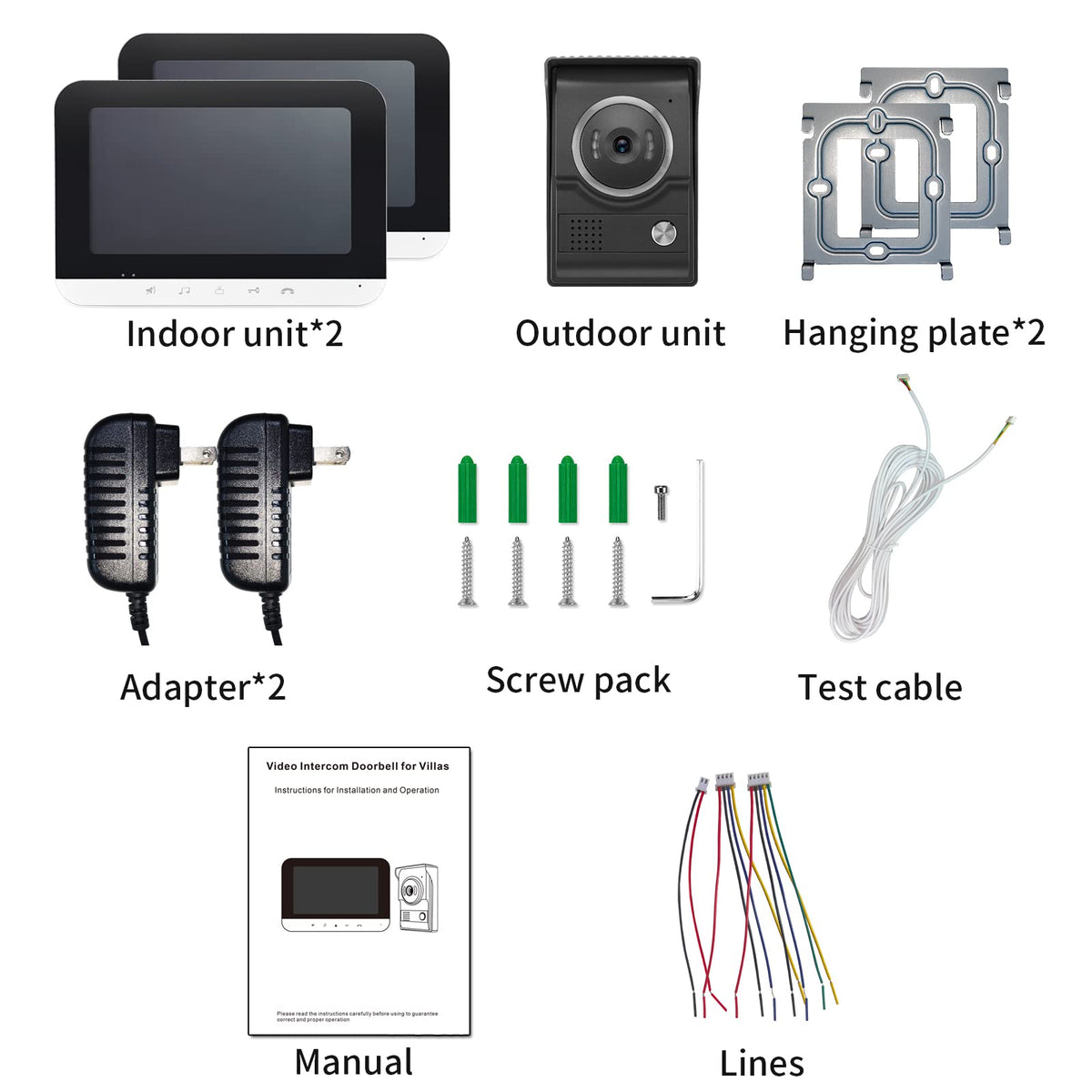 Video Intercom System, 7 Inch doorbell with Camera and Monitor, Video doorbell with IR-Cut Rainproof Outdoor Camera Visual Two-Way Intercom Audio Remote Unlock(1 Camera & 2 Monitors)