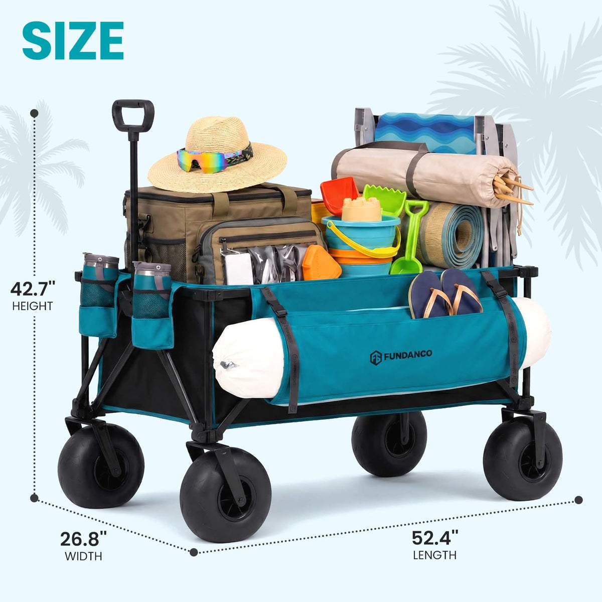 FUNDANGO Heavy Duty Beach Wagon with 9" Big Sand-Proof Wheels, 300L Large Beach Wagons with Balloon Wheel, Folding Collapsible All Terrian Cart with Side Pockets for Sports, Camping, Pump Included