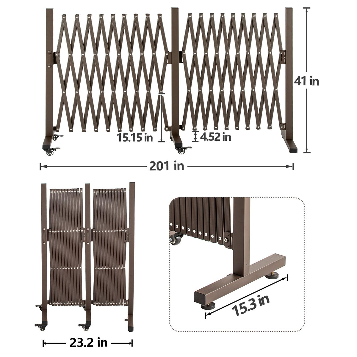 TECSPACE Aluminum Expandable Garden Fence, Portable Barricade Gate with Casters, Expansion Size 201×15.2×40.6 inches, Adjustable Flexible Fence Mobile Barricade Safety Barrier