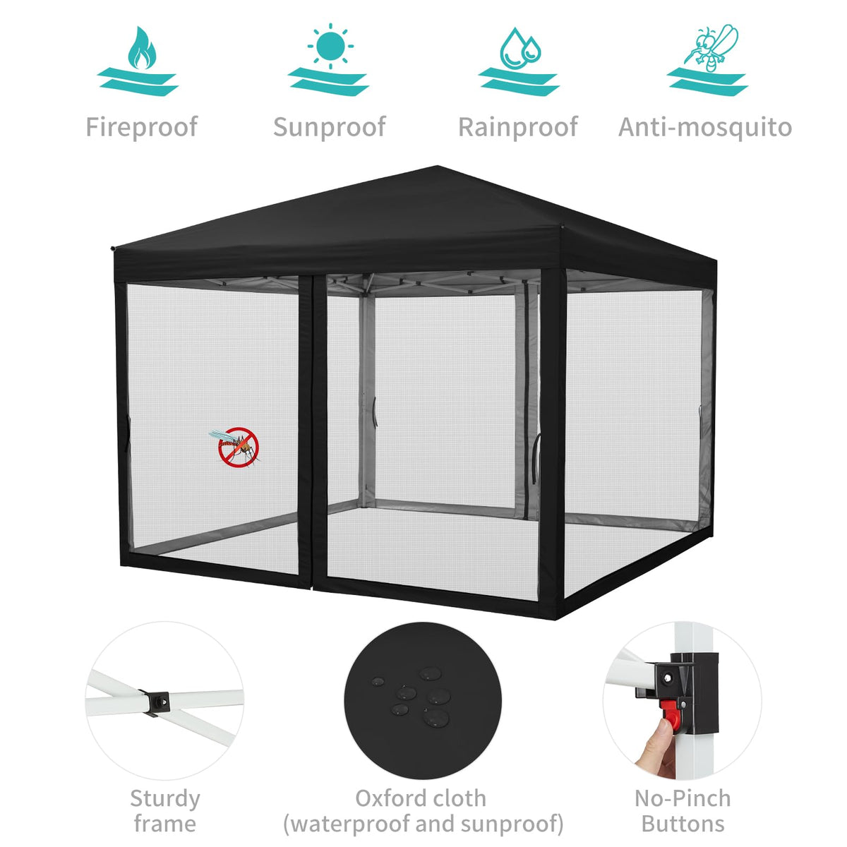 10 x 10 FT Pop Up Canopy, 3 Height Adjustable Instant Canopy with Mosquito Netting, Portable Screen Shelter with Wheeled Carry Bag, Heavy Duty Sun Shade for Patio, Backyard, Black
