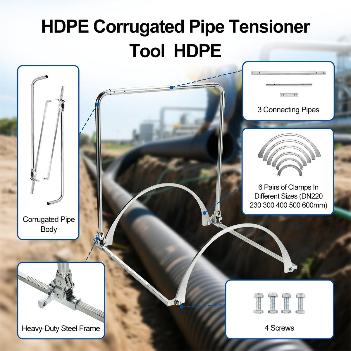 HDPE Corrugated Pipe Tensioner Tool for 8-24 Inch Pipe, Heavy Duty Pipe Pulling & Alignment Connecting Kit, Quick Docking Tool for Drainage Sewer Electrical Conduit Installation