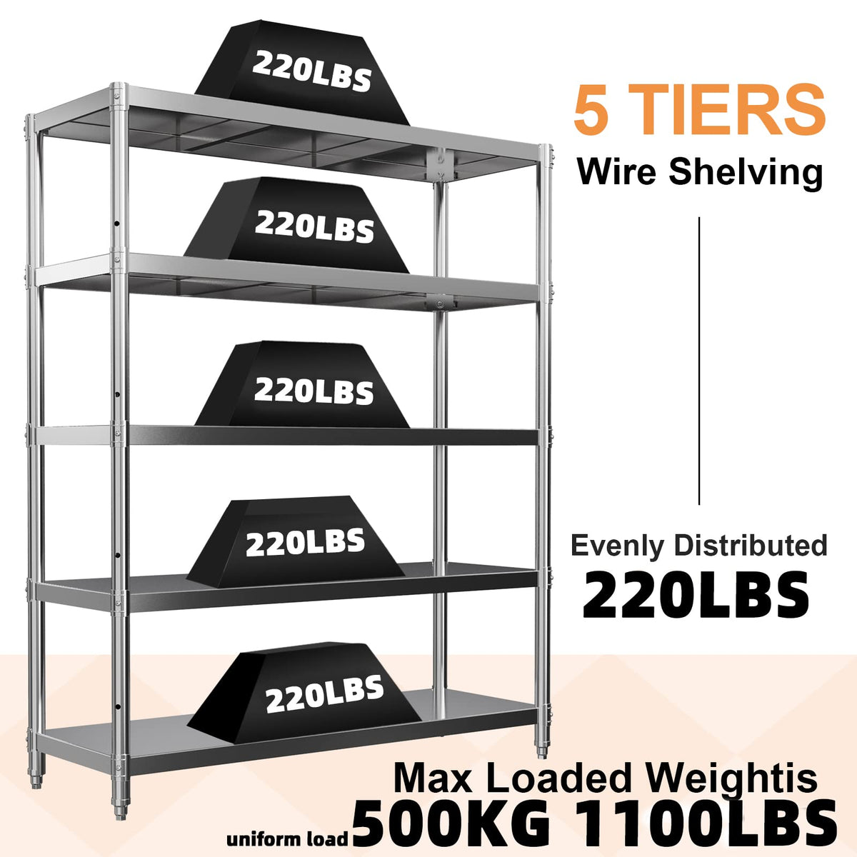 storage rack, 5 Tier Shelf Adjustable Stainless Steel Shelves, Sturdy Metal Shelves Heavy Duty Shelving Units and Storage for Kitchen Commercial Office Garage Storage, 47L X 16W X 59H 1100Lbs Total