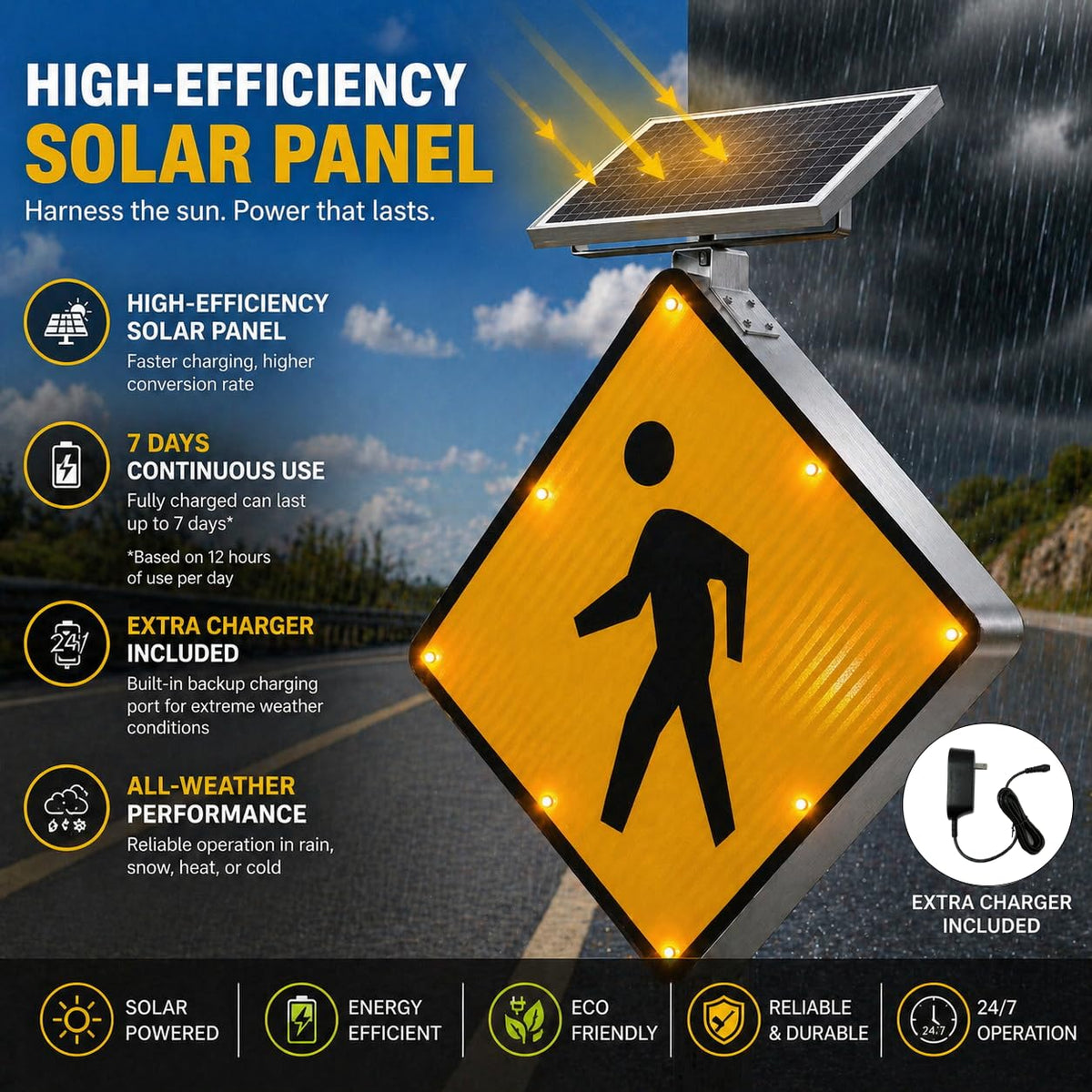 GAJTTR 24" Solar Powered LED Pedestrian Crossing Sign, High Visibility Flashing Crosswalk Sign with 8 Blinking LEDs, Engineer Grade Reflective Film, Heavy Duty Aluminum Metal Frame for Schools, Driveways & Communities (Yellow)
