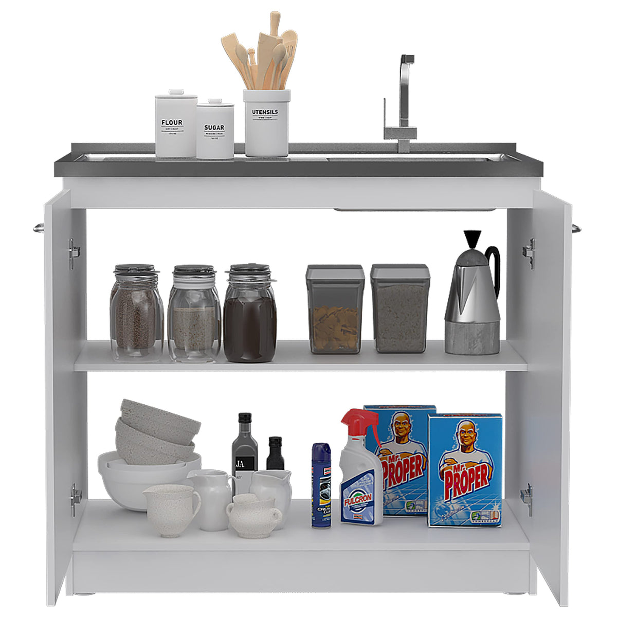 DEPOT E-SHOP Salento Utility Freestanding Sink with Cabinet 35.4" H x 39.3" W - Double Door, Two Shelves, Metal Handles, Aluminum Countertop, White, with Integrated Steel Sink