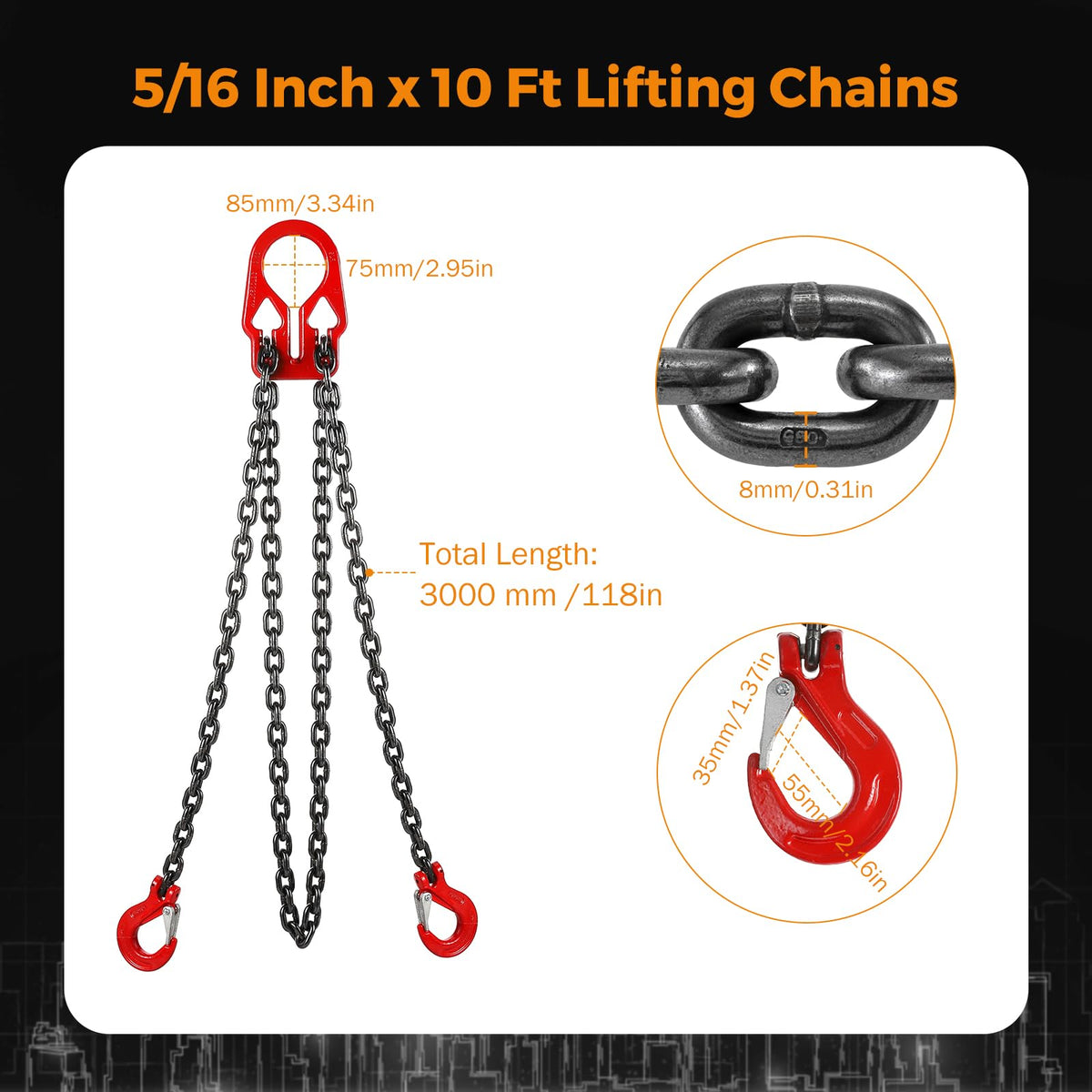 BEAMNOVA Lifting Chains with Adjuster Hooks, 3/8 Inch x 10Ft + 5/16 Inch x 10Ft