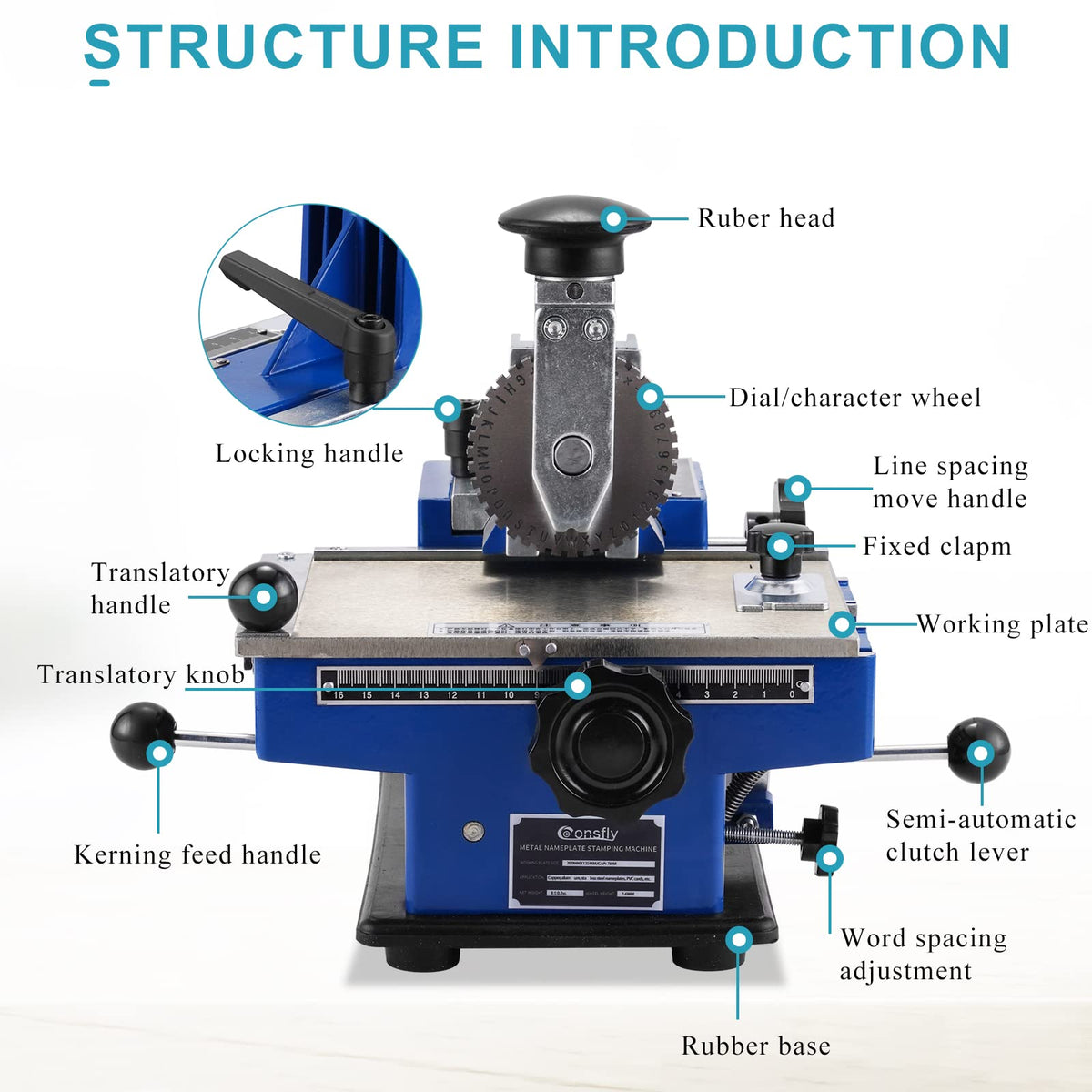 Consfly Metal Nameplate Stamping Machine Semi-Automatic Embosser Label Printing Marking Machine Dog Tag Printer (5mm Character Wheel)