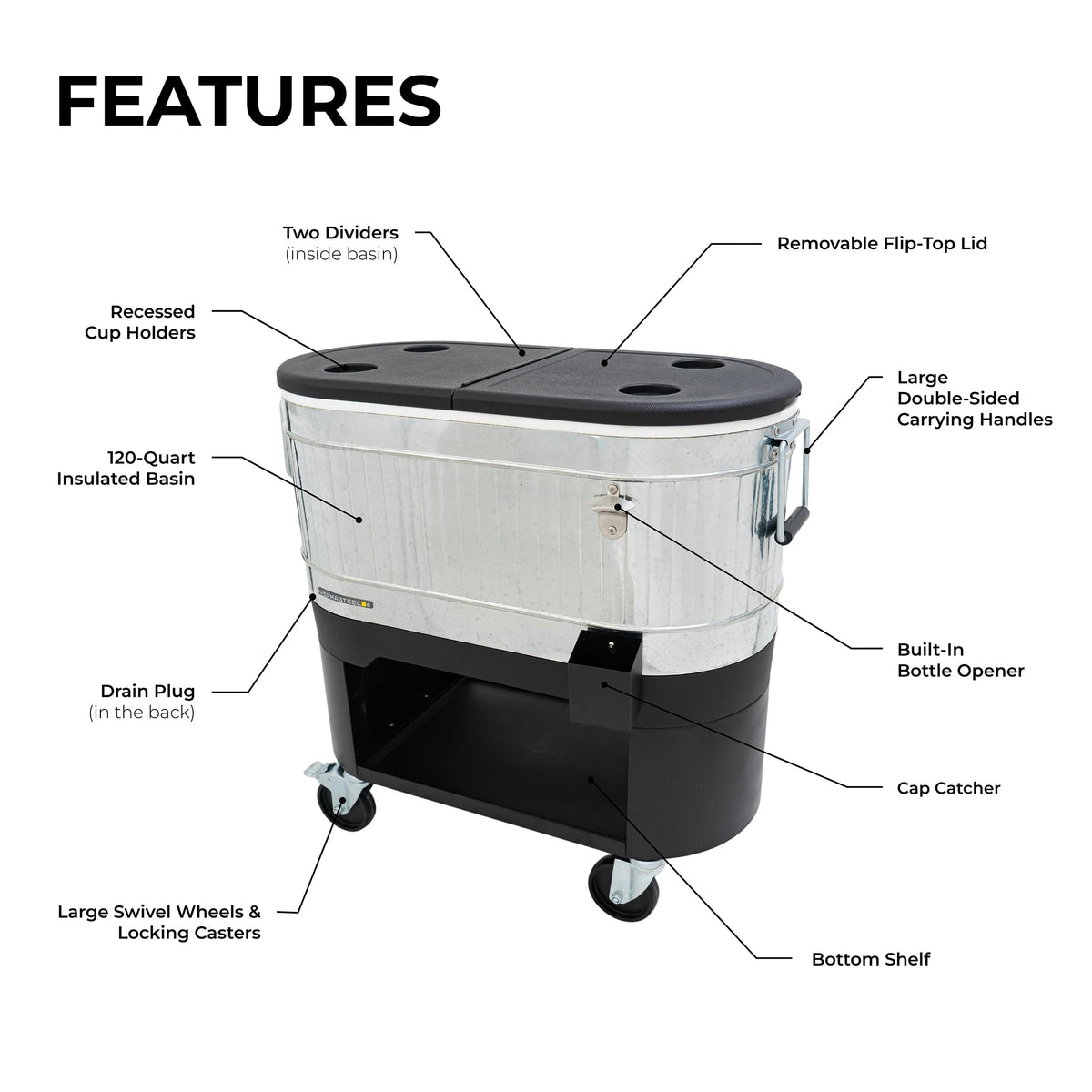Permasteel 120-Qt Rolling Ice Chest, Portable Patio Party Bar Drink Cooler Cart with Wheels, Drink Dividers - Perfect for Outdoor or Indoor Entertaining, and Parties, Galvanized Steel