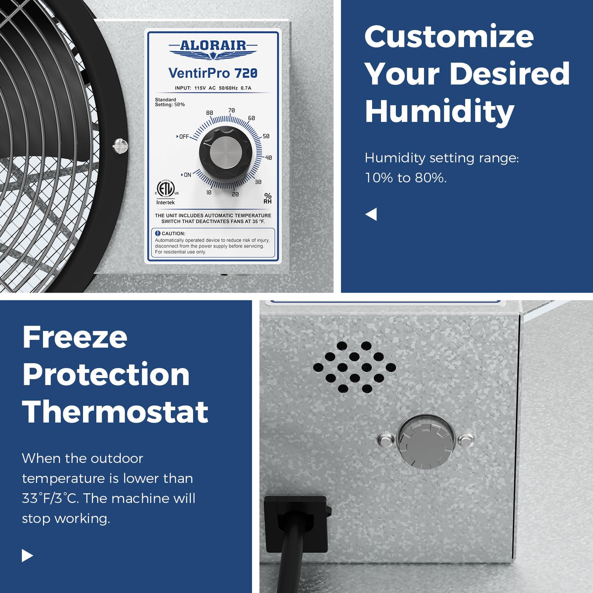 ALORAIR 720 CFM High Flow Powered Crawl Space Ventilation Fan, IP55 Rated 10" Basements Vent Fan with Freeze Protection Thermostat & Dehumidistat, for Crawlspace, Garage, Basements, Attic, Exhaust