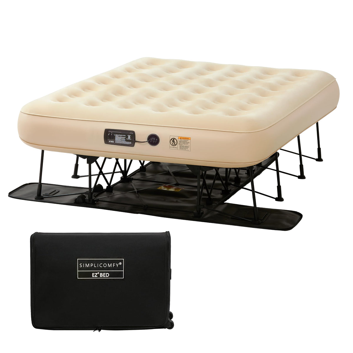 Simpli Comfy Queen EZ Bed Self-Inflating Air Mattress with Built-in Frame, Pump and Wheeled Case, Blow Up Inflatable Rolling Air Bed on Wheels