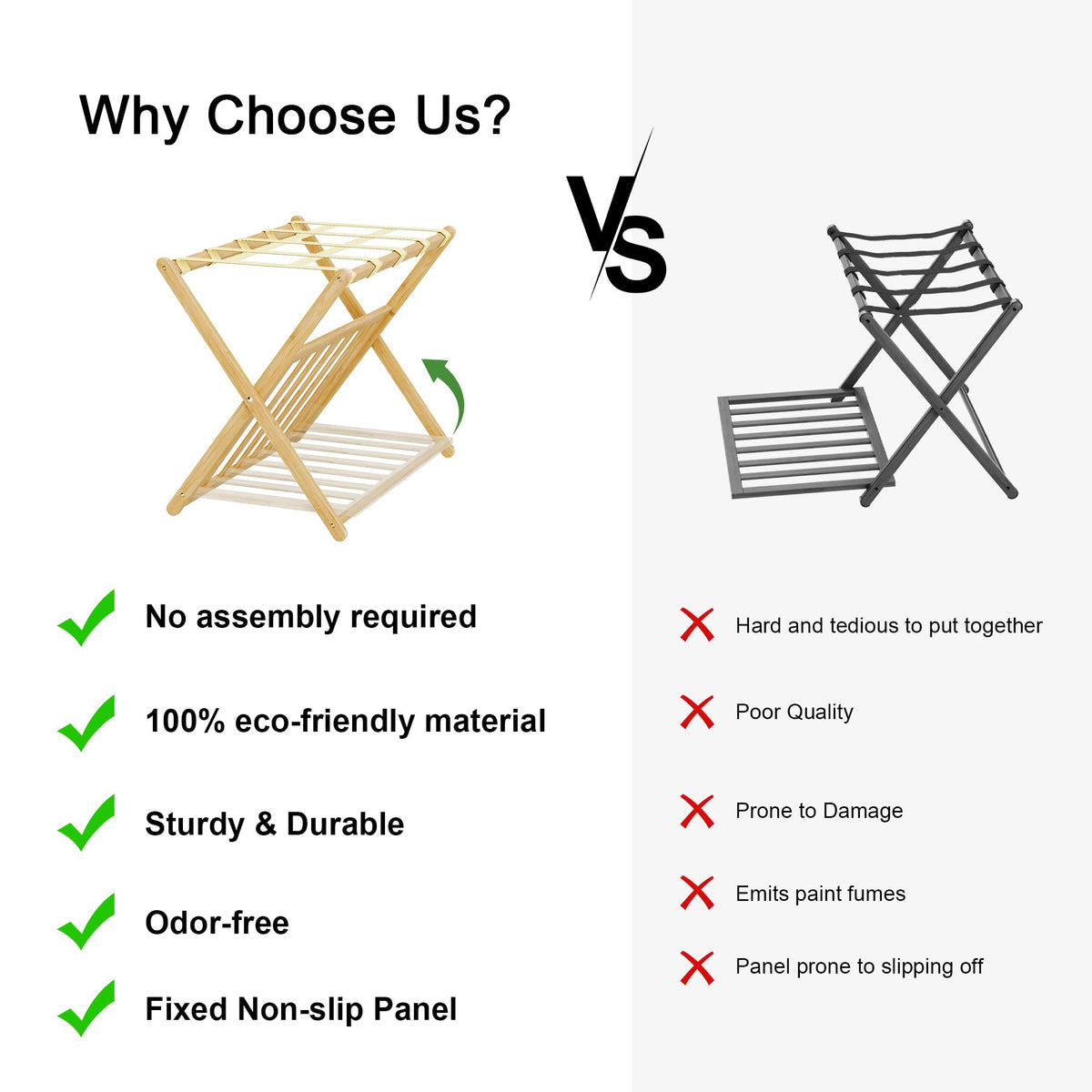 SANLUCE Fully Assembled Luggage Rack Set of 2 for Guest Room, Bamboo Suitcase Stand with Foldable Storage Shelf, Crossed Nylon Straps Folding Luggage Holder for Bedroom and Hotel, Natural