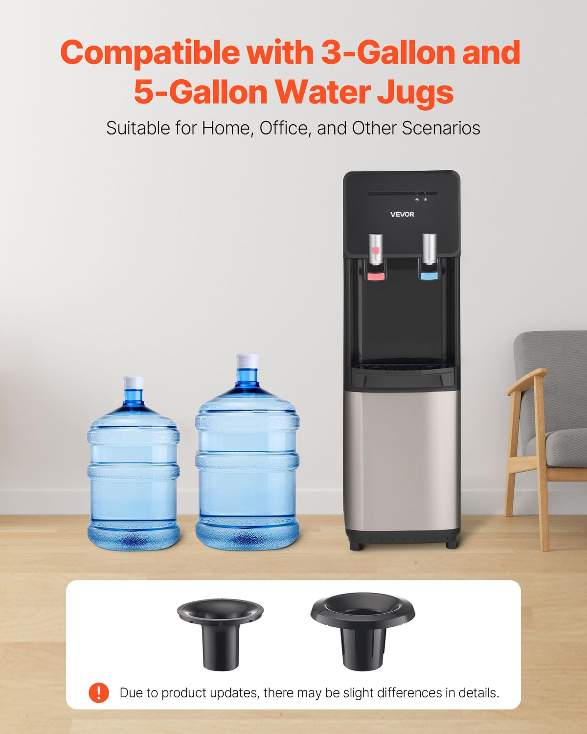 VEVOR Top Loading Water Cooler Dispenser, Hot and Cold Water Dispenser for 3 or 5 Gallons Bottles, Sturdy Stainless Steel and Child Security Lock, Ideal for Homes, Kitchens, Offices, Dorms, Black