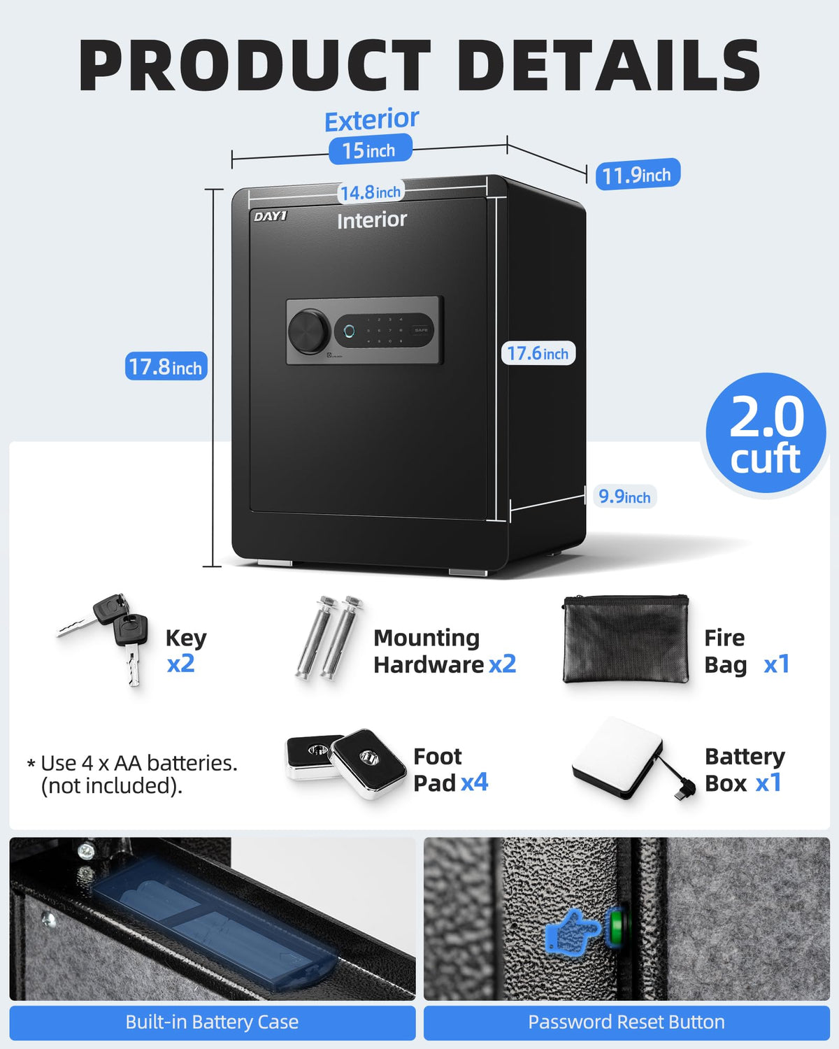 DAYI Biometric Fingerprint Safe Box, 2.0 Cubic Feet Home Safes with Fireproof Bag, Digital Touchpad Security Safe for Money Cash Documents, Dual Alarm System - 45 Plus
