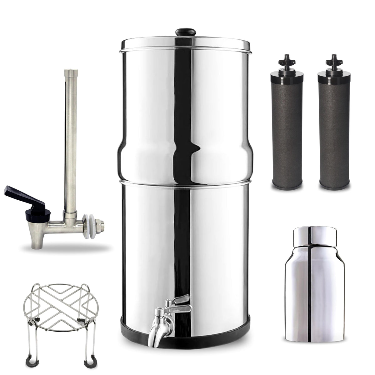Denali Spring-2.25G (8 Liters)- Stainless Steel Gravity-Fed Water Filtration System with 2 Black Filters, SS Tap, POSTreat Filters, Vision Tap and Stainless Steel Stand