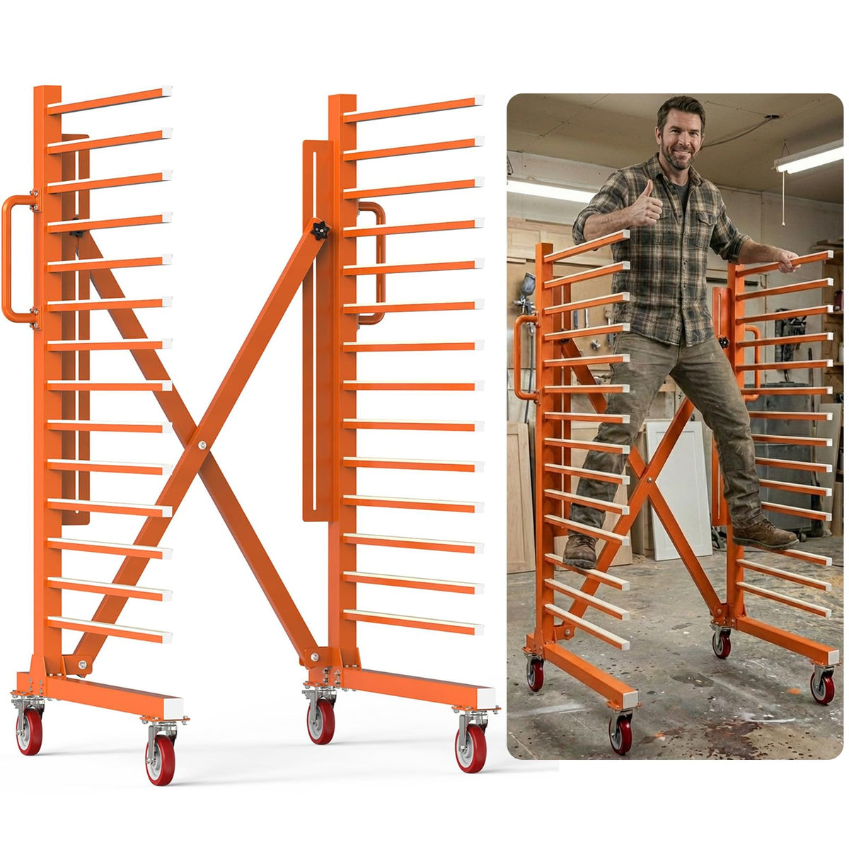 BERPET 15-Level Paint Drying Rack for Cabinet Doors (Expandable 12"-58") - 1650lbs Heavy Duty Cabinet Drying Rack with 3.1" Spacing - Rolling Stand for Professional Woodworking